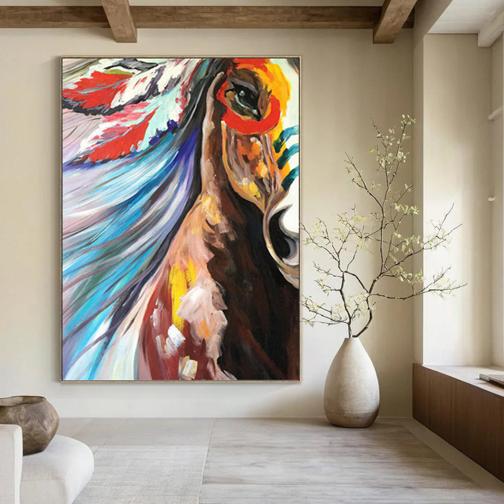 “Colorful Horse with Feather Headdress” - Expressionist - Inspired Animal Painting On Canvas PT1426