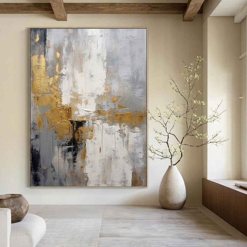 “Grey - Gold Abstract Elegance” - Neutral with Gold Accent Abstract Painting On Canvas PT1062