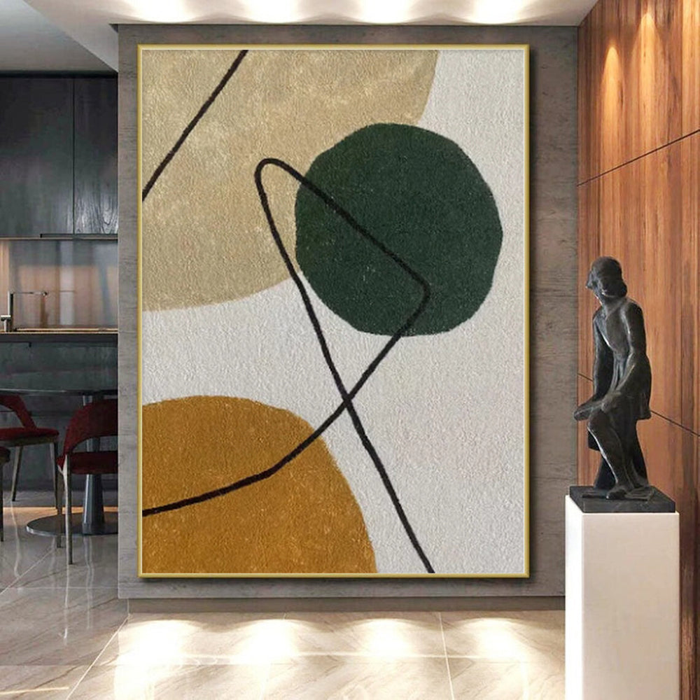 “Circle & Line” - Green, Brown, Black Abstract Shape Painting On Canvas PS0389