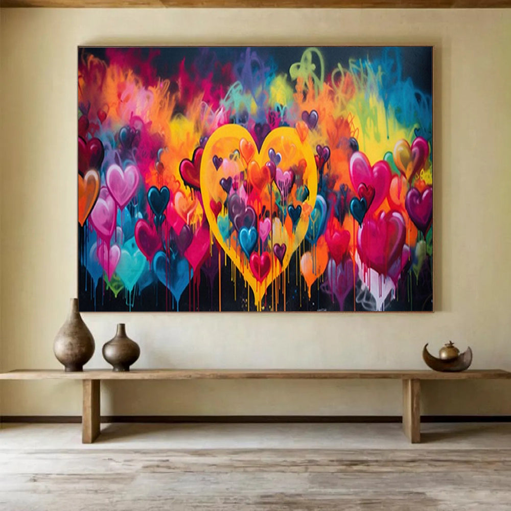 “Colorful Heart Graffiti” - Vibrant Colors “Love Bomb” Painting On Canvas PT1630