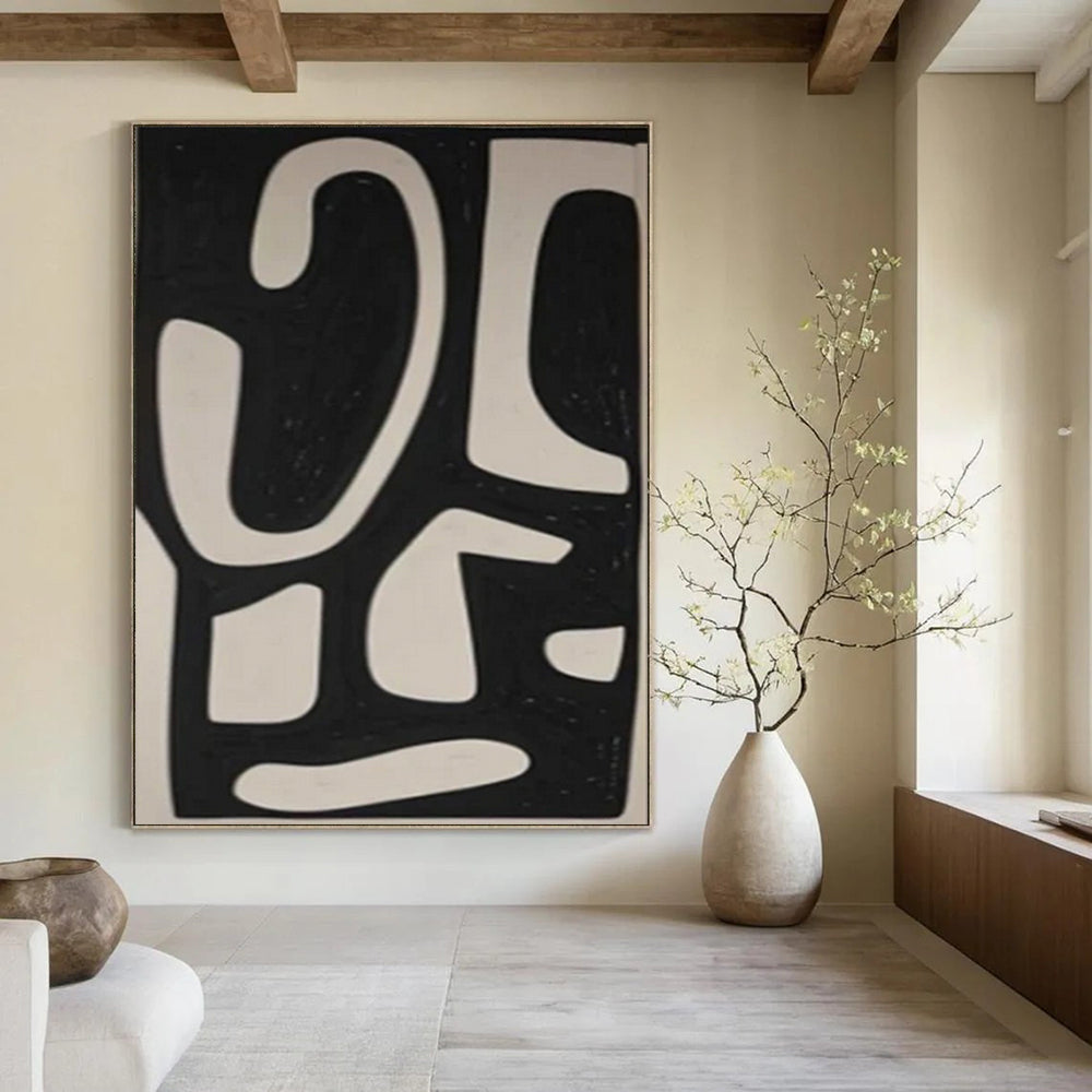 Black and White Flowing Shapes "Rhythmic Abstraction" Abstract Painting On Canvas PS1076