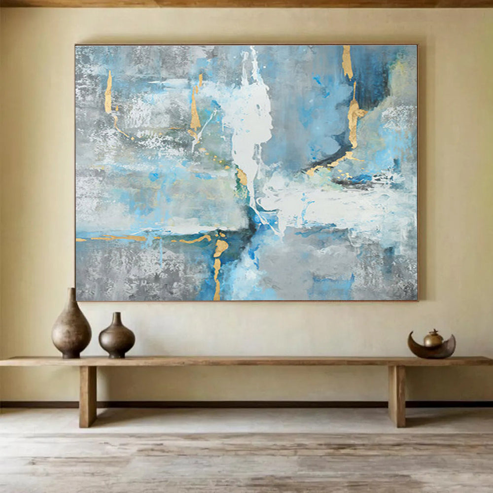 “Blue - Gray Abstract With Gold” - Blue, Gray & Gold Abstract, Modern Acrylic Painting On Canvas DKS756
