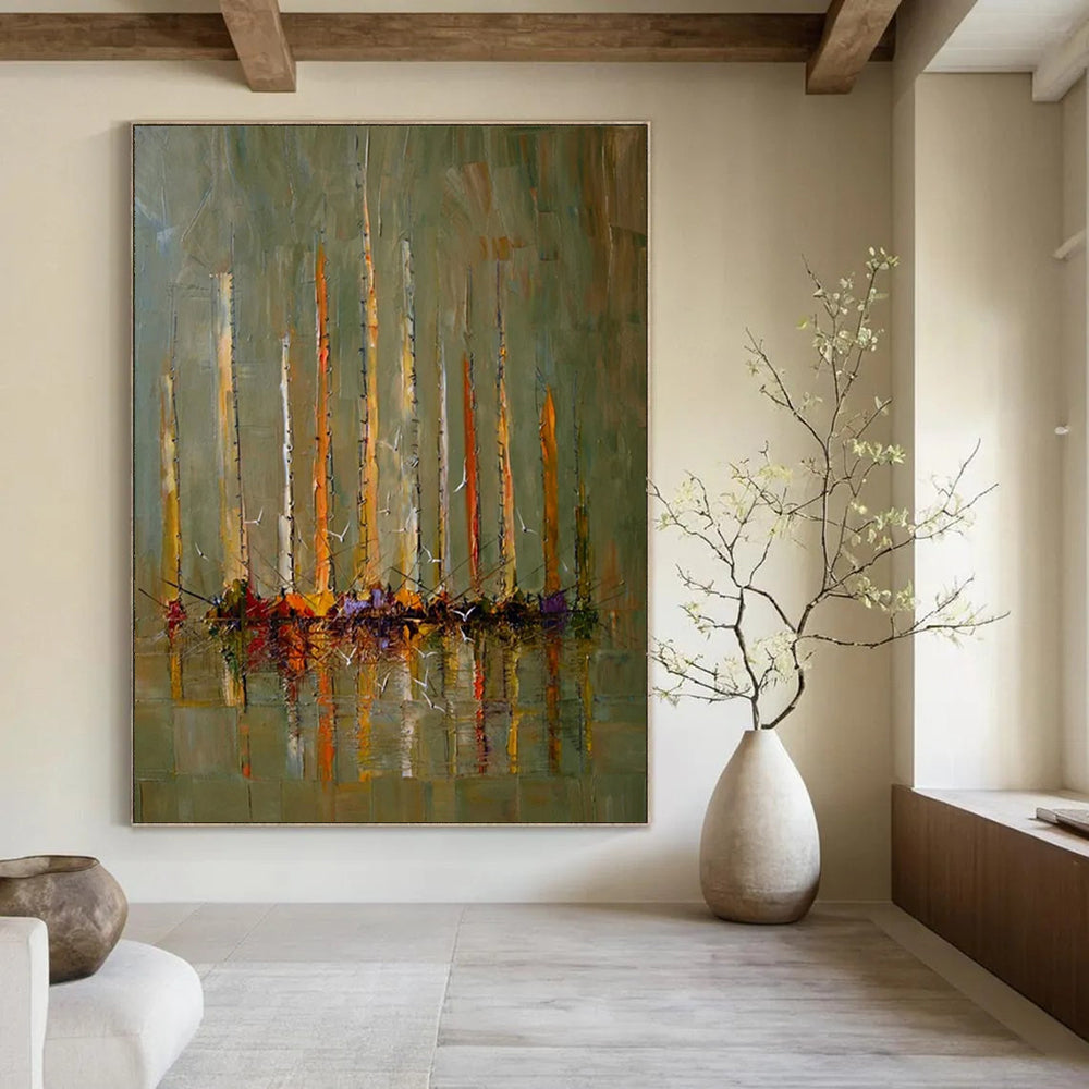 “Green, Yellow, and Orange Sailboat Reflection” - Impressionistic Maritime Painting On Canvas DS330