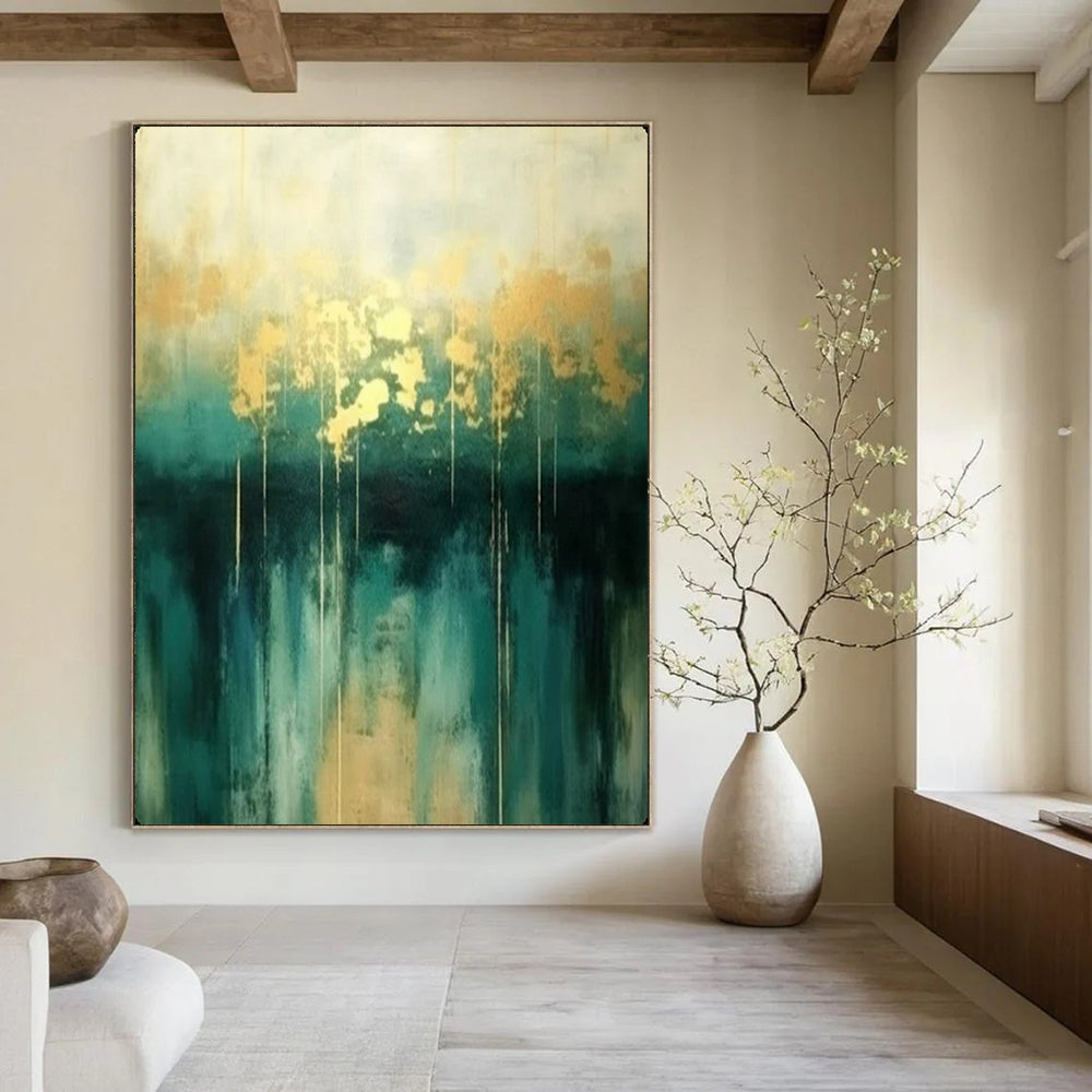“Gold & Teal Abstract Drip” - Elegant Acrylic Painting On Canvas PT2168