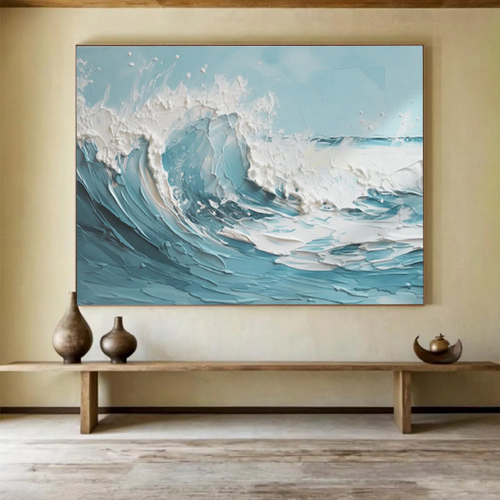 Blue & White Impasto Wave Abstract Painting On Canvas DKS042