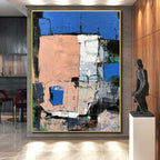 “Blue - Peach Urban Geometry” - Blue, Peach, Gray Abstract Painting On Canvas PS0468