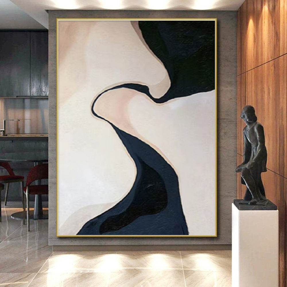 “Meandering Dark River” - Beige, Dark Blue Abstract Landscape Painting On Canvas PS0664