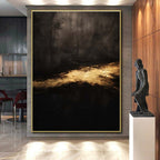 “Dark & Golden Mystery” - Black, Gold Abstract Minimalist Painting On Canvas PS0686