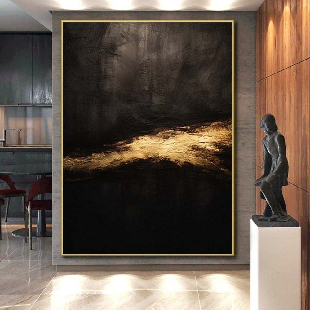 “Dark & Golden Mystery” - Black, Gold Abstract Minimalist Painting On Canvas PS0686