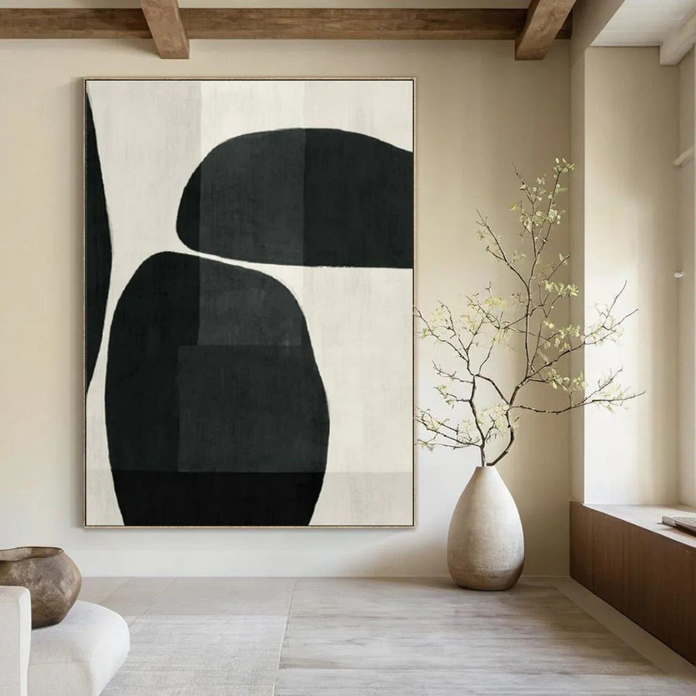 Black, White with Curved Shapes "Organic Flow" Abstract Painting On Canvas PS1448