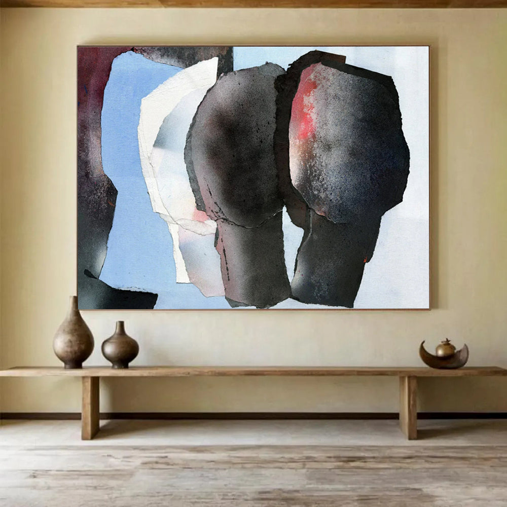 “Mixed Media Black - Blue Figures” - Collage Abstract - Painting On Canvas PT1782