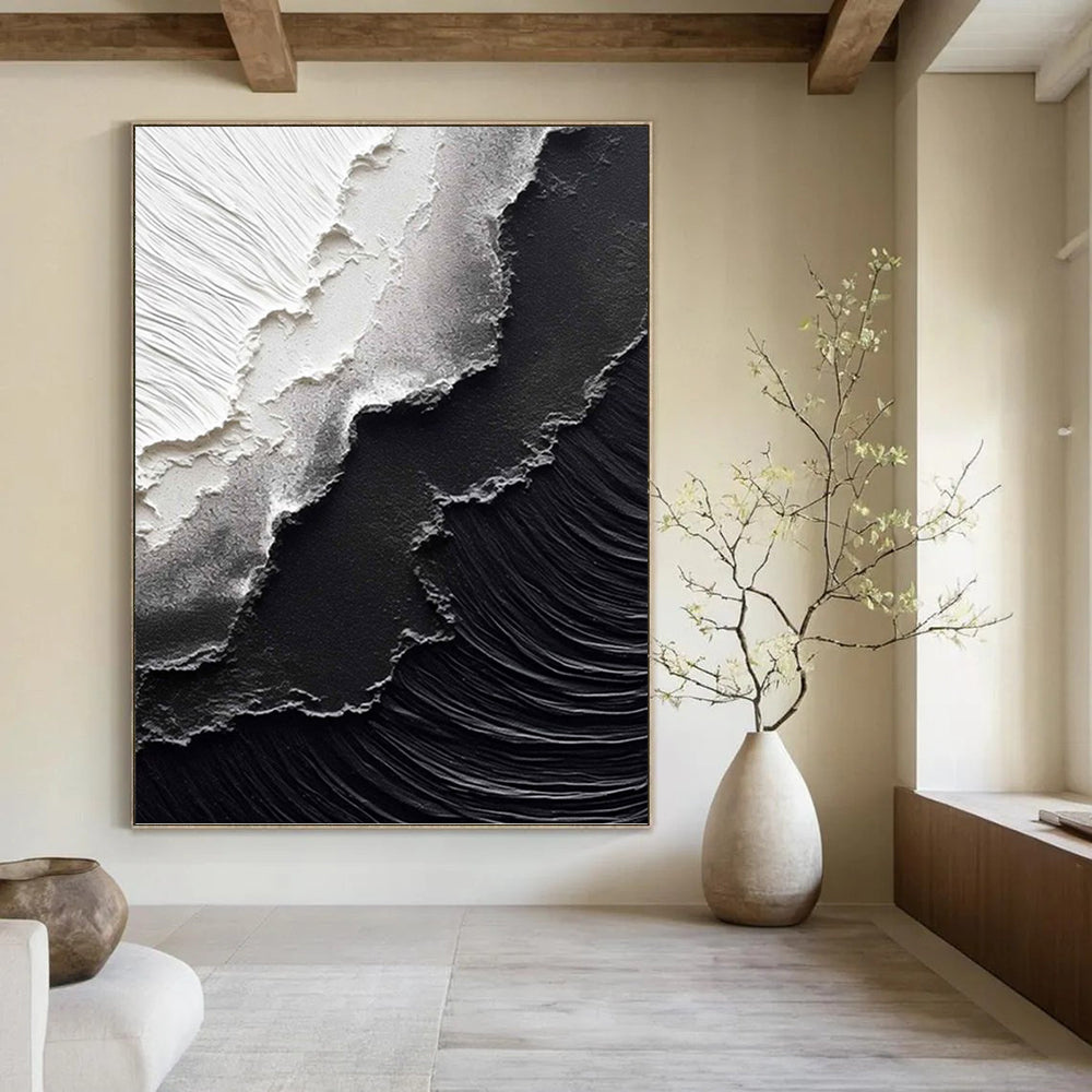 “Black & White Textured Abstraction” - Minimalist, Textural Painting On Canvas PT1475