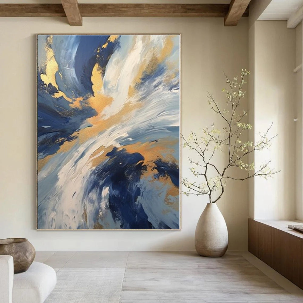 Blue, Gold, White with Dynamic Swirls "Gilded Tempest" Abstract Painting On Canvas PS1265
