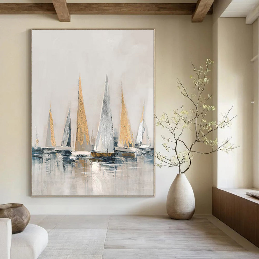“Gold - Silver Sailboats on Gray Water” - Impressionist - Inspired Seascape Painting On Canvas PT1416