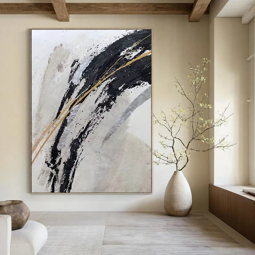 “Black, Gold & Silver Abstract” - Dramatic Contrast with Metallic Shimmers Painting On Canvas DS249