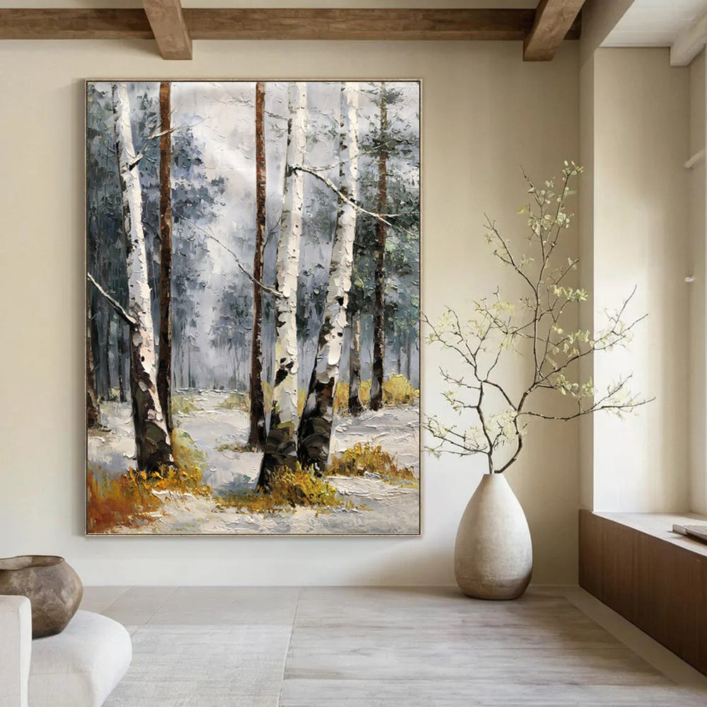 “White - Brown Winter Birch Forest” - Impressionist Landscape Painting On Canvas PT1276
