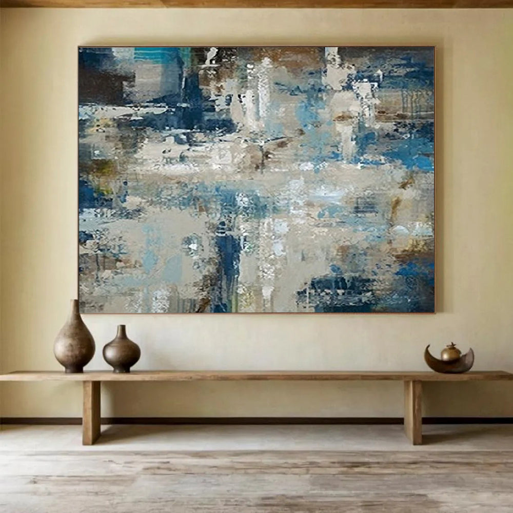 “Abstract Coastal Collage in Blues, Browns & Grays” - Modern Mixed - Media Oil Painting On Canvas PT036