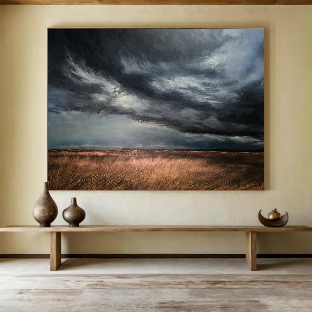 “Stormy Field Sky” - Gray, Brown & Gold Landscape, Realist Oil Painting On Canvas DKS772