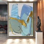 “Blue - Gold Geometric Flair” - Blue, Gold, Gray Abstract Painting On Canvas PS0499