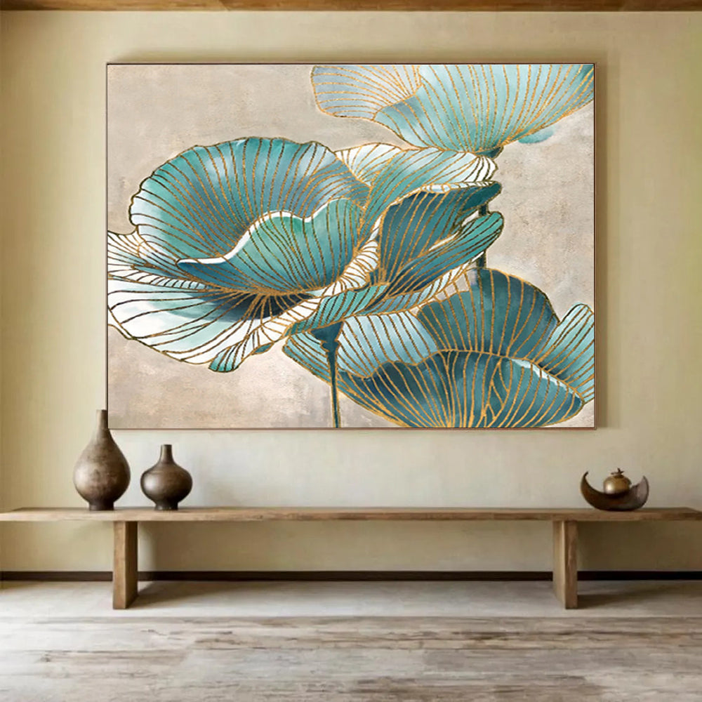 “Teal & Gold Flowers” - Decorative Floral Painting On Canvas DKS428