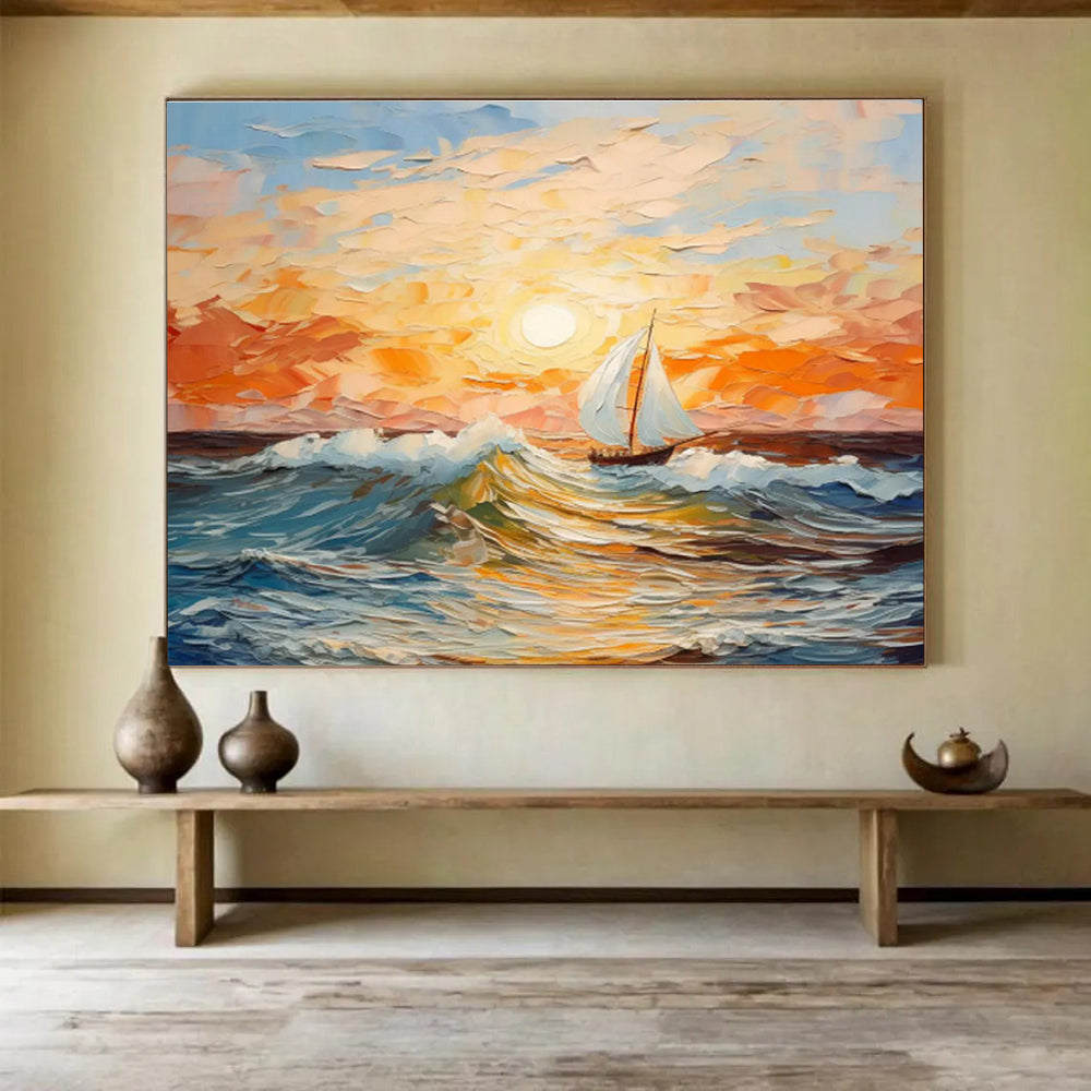 “Impressionistic Sunset Sailboat Seascape” - Impressionistic Seascape Painting, Perfect for Nautical - Themed Room & Living Room DKS625