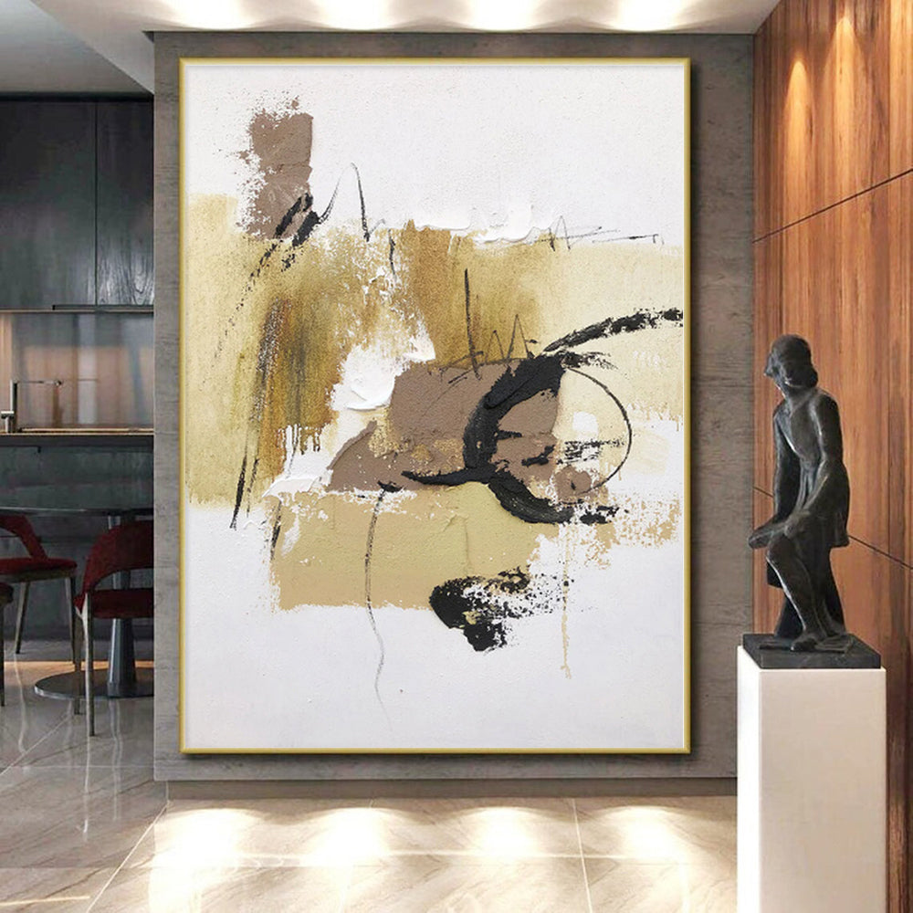 “Beige - Black Expressive Marks” - Beige, Black Abstract Painting On Canvas PS0500