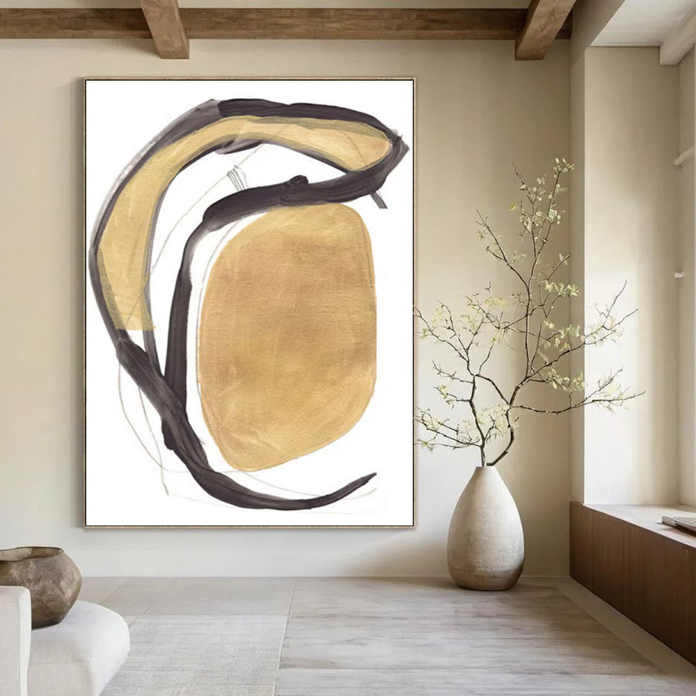 “Gold & Black Curved Forms” - Metallic Hues with Fluid Lines Painting On Canvas DS223