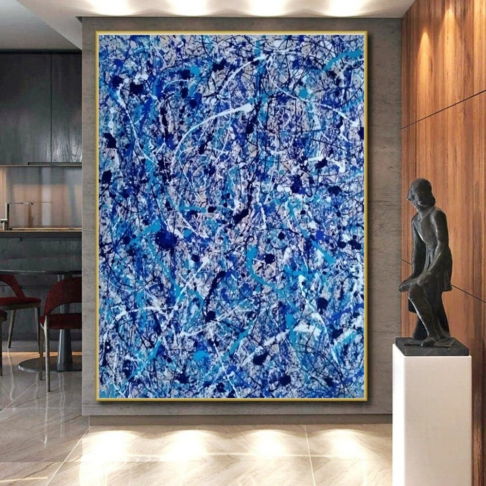 Blue and White Splatters, "Oceanic Chaos" – Action - Painting Abstract On Canvas PS0886