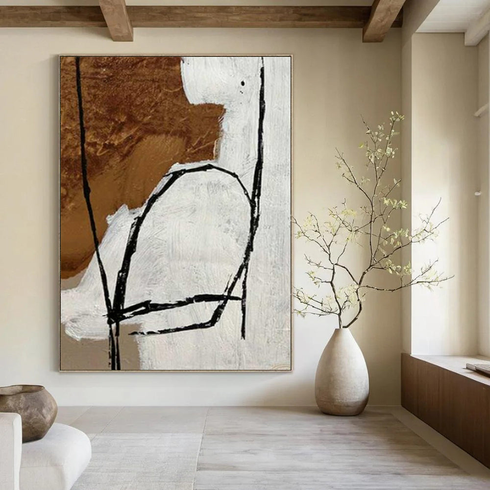 Brown, White and Black with Expressive Outlines "Abstract Figure" Abstract Painting On Canvas PS1127