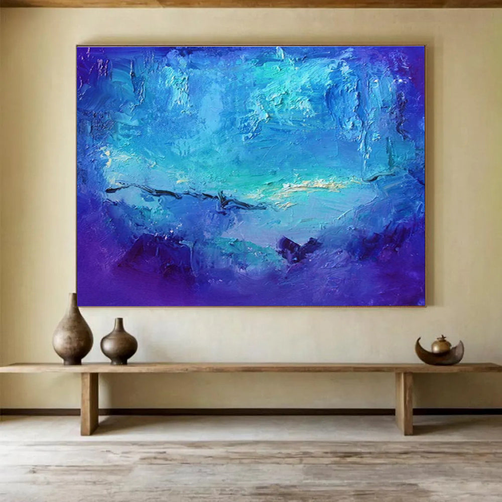 “Blue Ocean Abstraction” - Blue & Purple Abstract Sea, Textured Wave Painting On Canvas DKS720