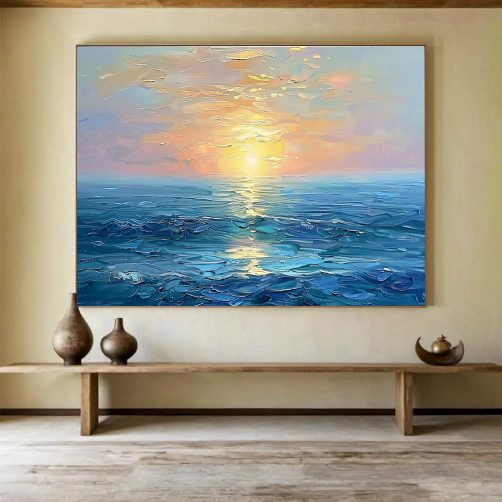 “Serene Sunset Sea” - Blue, Orange & Yellow Seascape, Expressive Oil Painting On Canvas DKS767