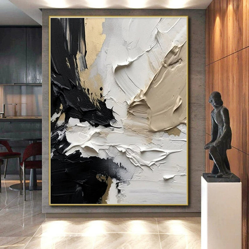 “Black - White - Gold Impasto” - Black, White, Gold Abstract Impasto Painting On Canvas PS0715