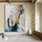 “Blue, Gold and White Abstract” - Coastal Luxe Painting on Canvas PT1010