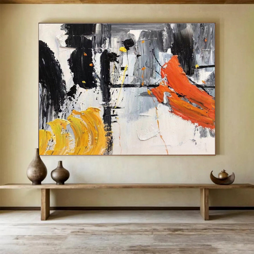 “Bold Black, Yellow, and Orange” Abstract Painting On Canvas DKS187
