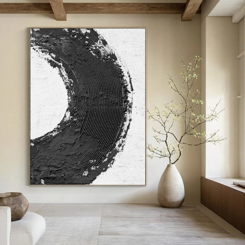 “Bold Black and White Circle” - Abstract, Graphic - Styled Painting On Canvas PT1675
