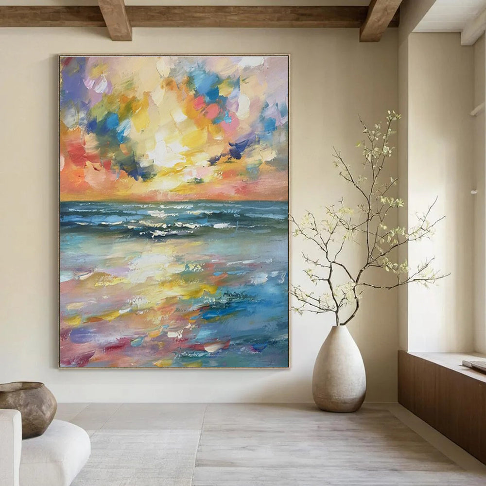 Blue, Yellow, Pink, Purple, Orange with Vivid Impasto "Tropical Dusk" Impasto Painting On Canvas PS1392
