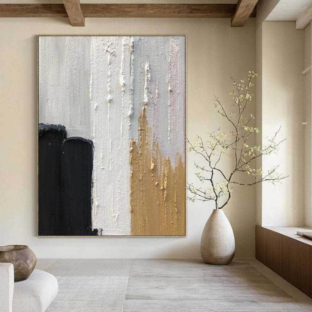“Earthy Tones: Black, White, Gold Abstract” - Opulent Abstract Painting On Canvas DS397