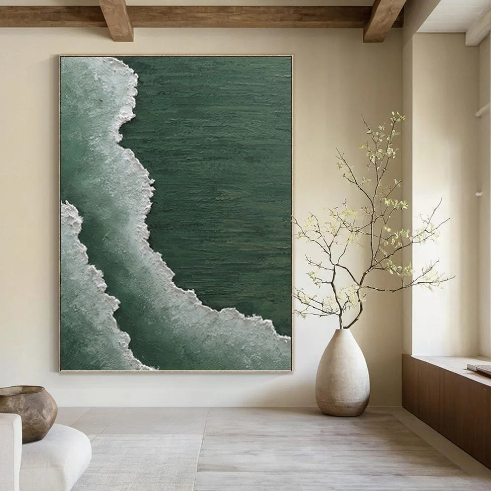 “Green and White Coastal Waves” - Seascape, Green - and - White Painting On Canvas PT1501