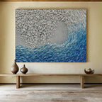 “Blue - Silver Abstract Wave” - Metallic Ocean “Tidal Gleam” Painting On Canvas PT1654