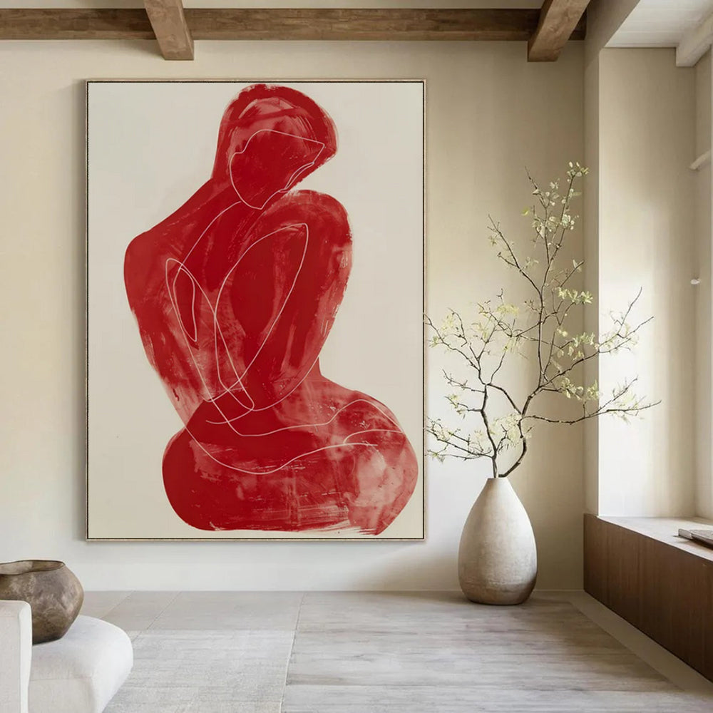 “Red Abstract Figure” - Minimalist Line Painting On Canvas PT2228