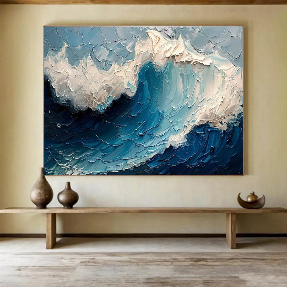 “Textured Ocean Wave” - Blue, White & Gray Seascape, Impasto Oil Painting On Canvas DKS766