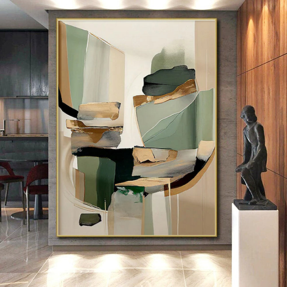“Green - Gold Abstract Fusion” - Green, Gold, Beige Abstract Geometric Painting On Canvas PS0764