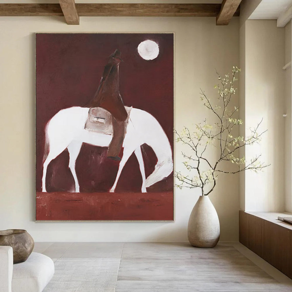 “Rider on White Horse in Red” - Minimalist - Inspired Figurative Painting On Canvas PT1425