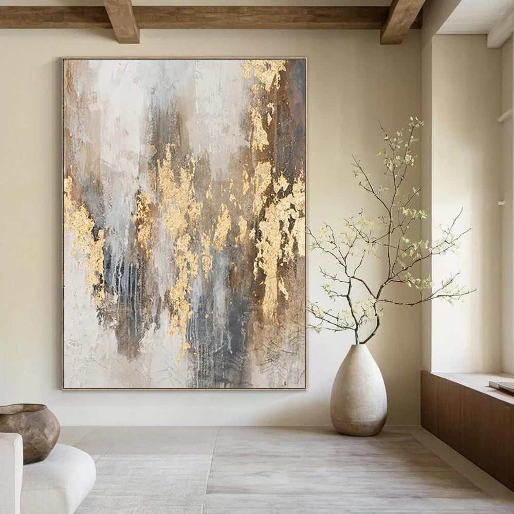 Gray, Brown, Gold with Textured Splashes "Gilded Grunge" Abstract Painting On Canvas PS1471