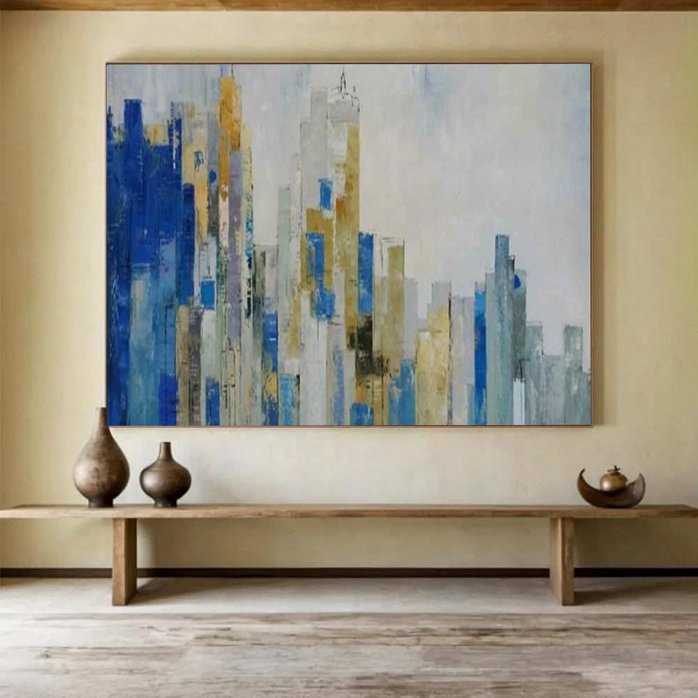 “Blue - Gold Abstract Cityscape” - Metallic Accents “Urban Skyline” Painting On Canvas PT1659