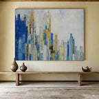 “Blue - Gold Abstract Cityscape” - Metallic Accents “Urban Skyline” Painting On Canvas PT1659