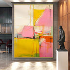 Pink, Yellow, Orange & Green Geometric Abstract "Playful Prism" Painting On Canvas PS0873