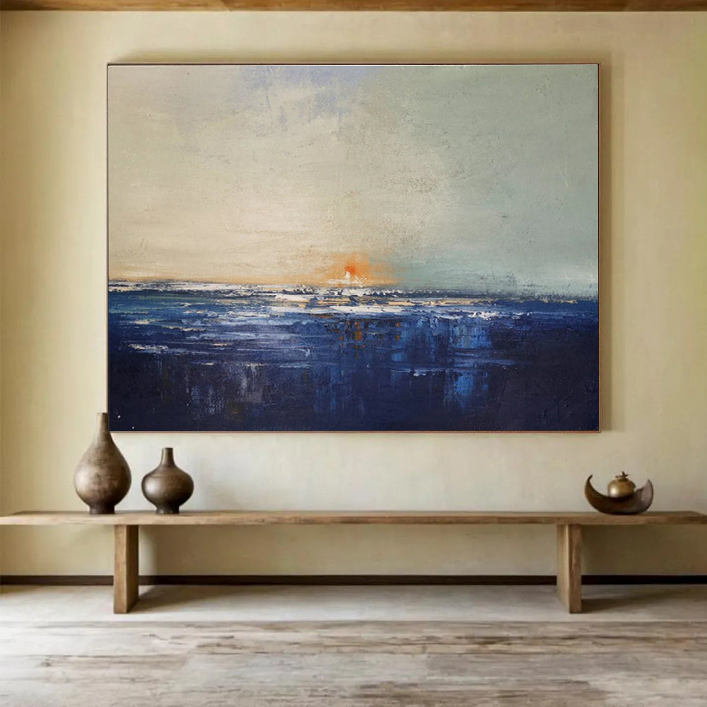 Sunset on Blue: Blue, Gray & Orange Abstract Landscape Painting for Beach House & Art - Inspired Library DKS650