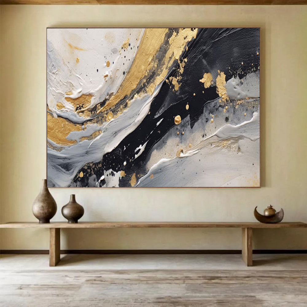 “Gold Splashes & Monochrome Waves” - Abstract Expressionist - Painting On Canvas PT1710