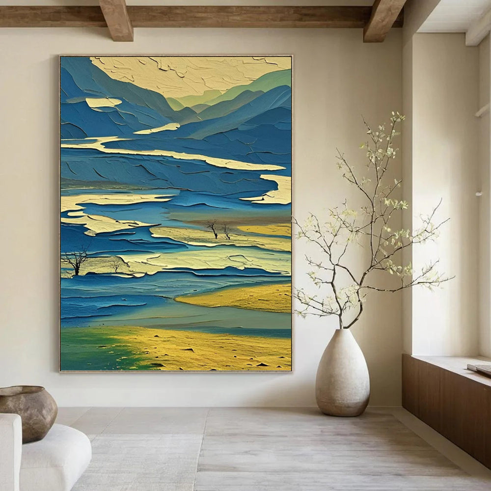 “Layered Blue - Yellow Landscape: Abstract Mountain Art” - Vibrant Geometric Painting On Canvas PT0963